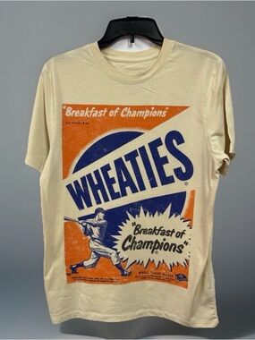 Men's Graphic Tee in Cream with Retro Logo Sz Small Y2K Vintage